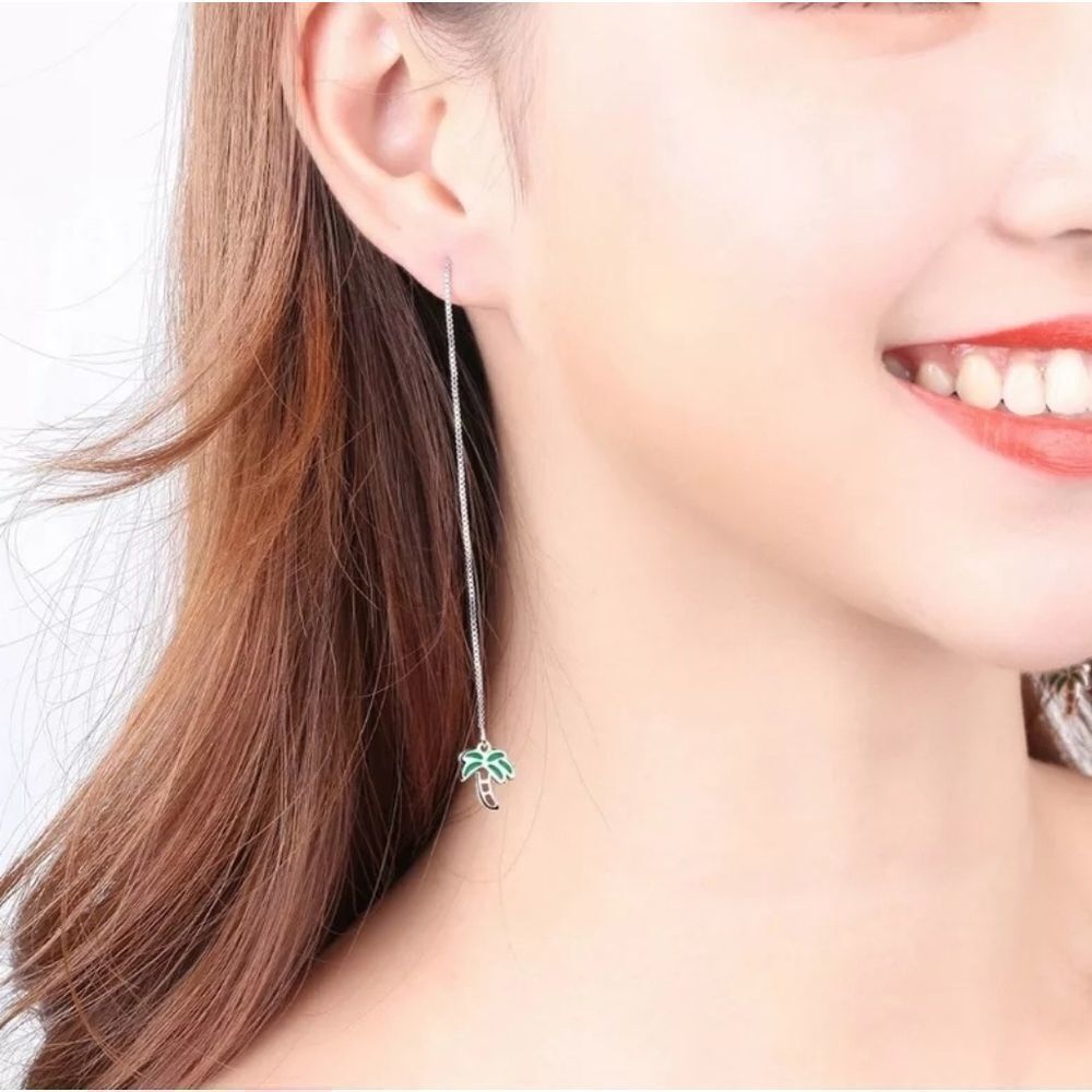 .925 SS Thread Thru Palm Tree Drop Earrings